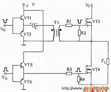 用变压器耦合驱动共MOSFET示图