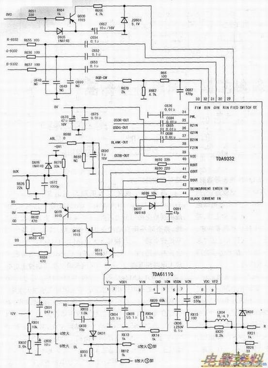 高清彩电出现黑屏故障时,若CRT的高压、帘栅电压、灯丝电压均正常,调高帘栅电压时,屏幕上能出现带回扫描线的白色光栅,其黑屏故障一定与行场扫描电路无关,此时,测量CRT的阴极电压,其电压一定很高,接近其供电电压。阴极电压高,应是视频放大电路处于截止状态的结果。导致视放电路输出电压高的原因通常是视放电路、RGB基色信号处理电路或控制系统电路存在故障所致。