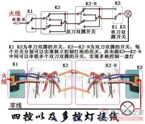 一文看懂一灯四开关怎么接线,附一灯四控开关接实物线图