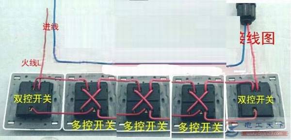 三控一灯开关接线图什么样,附一个1灯3控开关的实物接线图