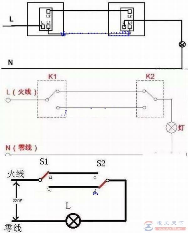 一例单联双控开关的接线图,实例学习双控开关接线方法