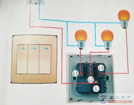 电灯接线图示例:三个单孔开关控制三盏灯