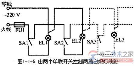 多地控制一盏灯的接线图:两地控制,三地控制,四地控制与五地控