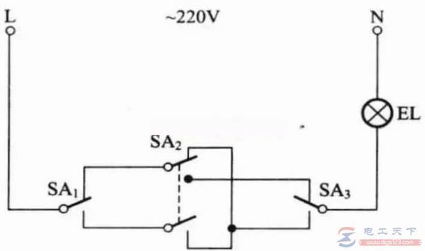 三开控制一盏灯接线图,一例三地控制一盏灯的电路图