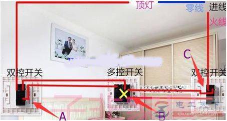一灯多控开关的接线:1灯3控开关接线实物图