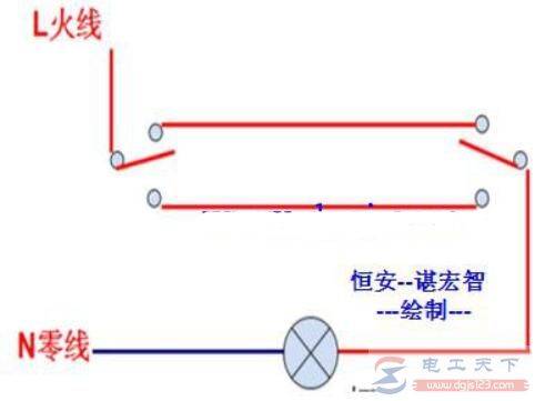 一例楼梯灯两个开关控制一盏灯的接线图
