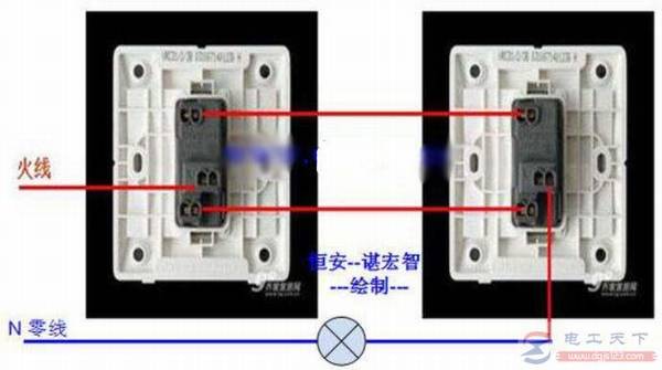 家用单开双控开关电路图,一例楼梯灯双控开关的接线实物图