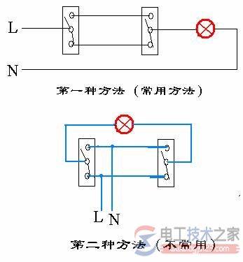 一个双极双控开关与两个单极双控开关实现电灯的三地控制