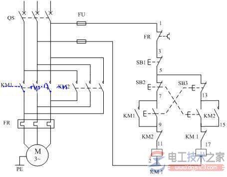 一例用转换开关预选的电动机正反转起停控制的电路图