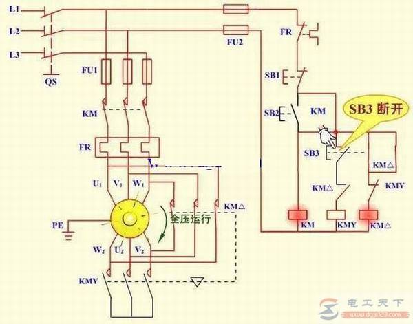 一例按钮和接触器Y-△降压启动的电路图
