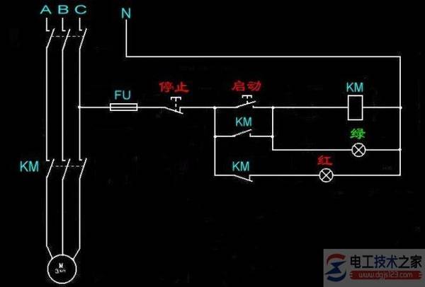 一例三相异步电动机直接启动的电路图,带电路保护功能