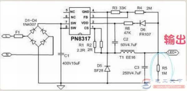 一例led灯恒流电源电路图,led吸顶灯二种常见故障分析