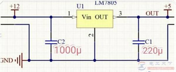 一例7805稳压电源将12V转5V的电路图