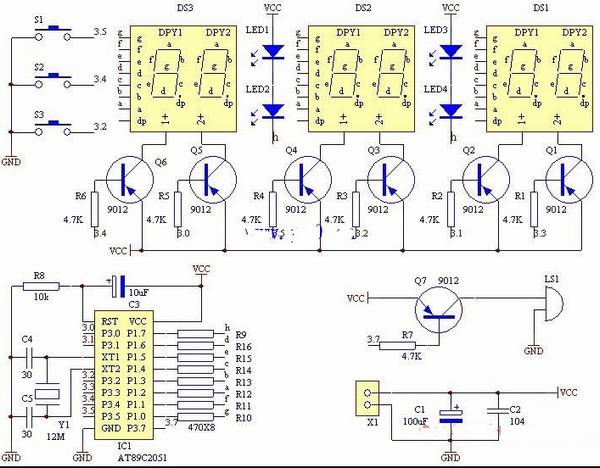 一例多功能数字钟的电路图