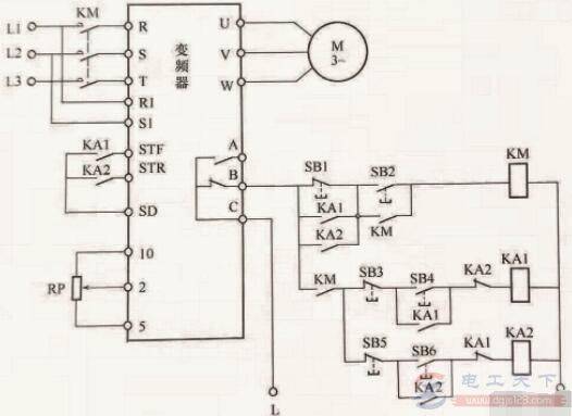 变频器外接继电器实现正反转控制的电路图