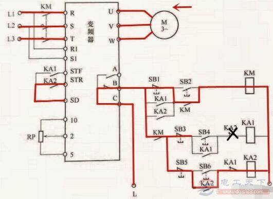 变频器外接继电器实现正反转控制的电路图