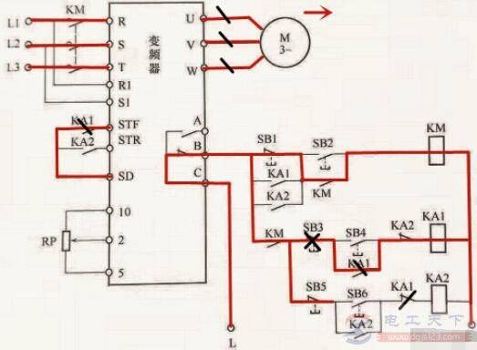 变频器外接继电器实现正反转控制的电路图