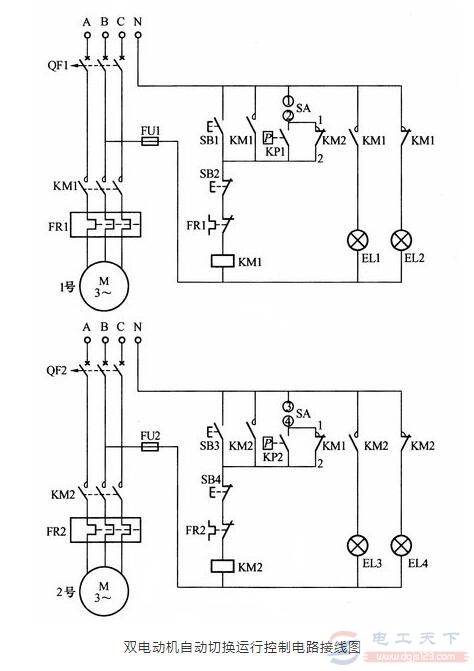 一例双电动机自动切换的控制电路接线图