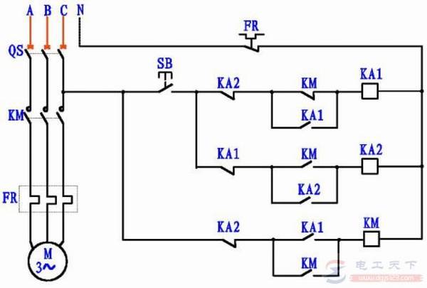 一个按钮控制电机启动停止电路图解