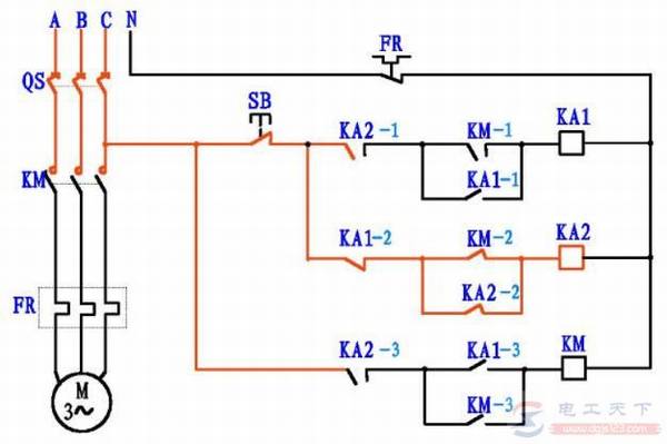 一个按钮控制电机启动停止电路图解