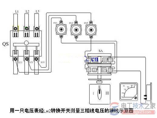 电压表经转换开关测量三相线电压如何接线?